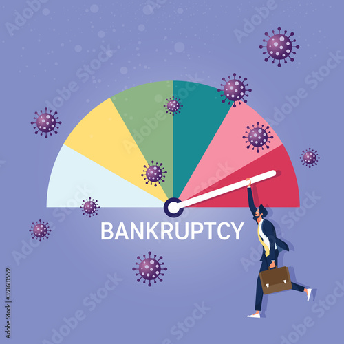 Coronavirus pandemic causing debt and financial problem concept, Company business bankruptcy due to Coronavirus economic crisis, Businessman holding max debt alert bankruptcy credit gauge