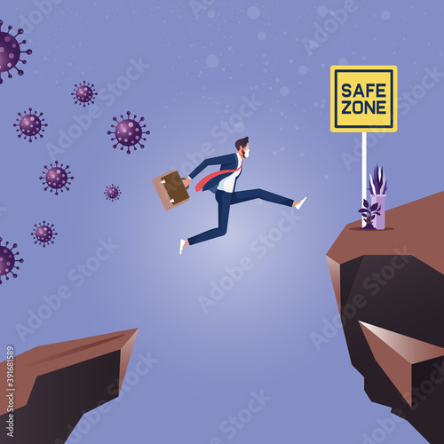 Deadly disease transmission coronavirus outbreak prevention concept, Businessman chased by coronavirus and jumping through the gap toward safe zone