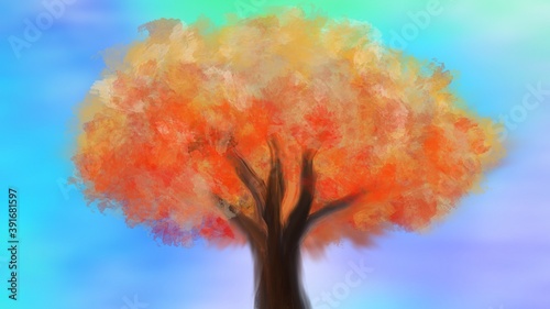 Landscape painting  A tree has orange leaves with fantastic sky background.