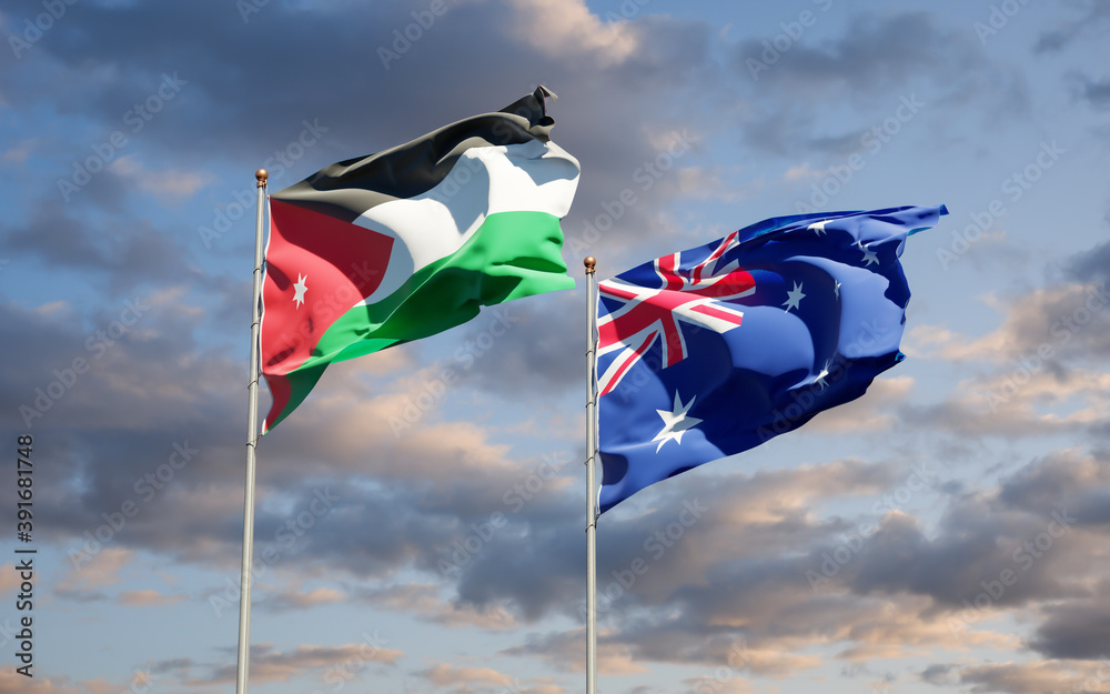 Beautiful national state flags of Jordan and Australia. Beautiful national state flags of Jordan and Australia.