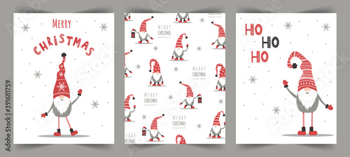 Vector Christmas cards with gnomes. Season greeting. Scandinavian cute elves in red winter hats on white background. Nordic illustration in flat style.