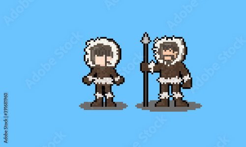 Pixel art cartoon eskimo character design.