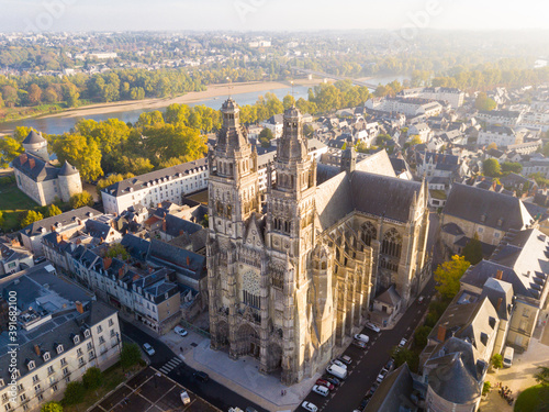 Aerial view on Tours Cathedral, Roman Catholic church in Tours, France
