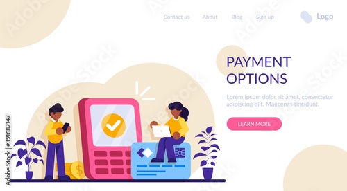 Payment options concept. Financial transactions, money operations. cash and cashless, contactless payment. Credit card shopping idea design element. Modern flat illustration.