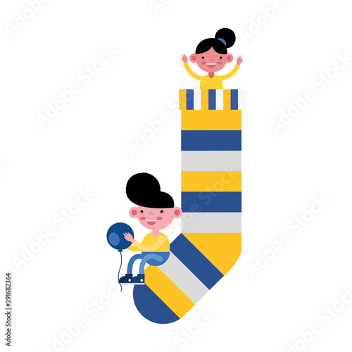little kids couple in sock with colors stripes and balloon helium