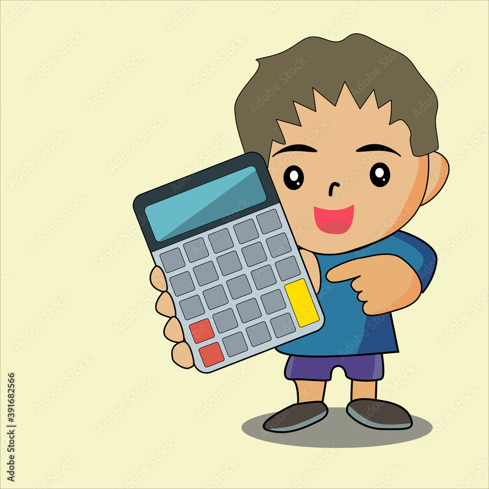 Boy showing or holding digital calculator device in hand. Vector illustration flat style Boy showing or holding digital calculator device in hand. Vector illustration flat style