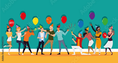 men and women fun in party with balloons and confetti