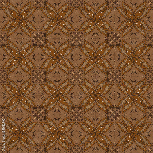 Simple flower motifs design on typical Pekalongan batik with elegant brown color concept.