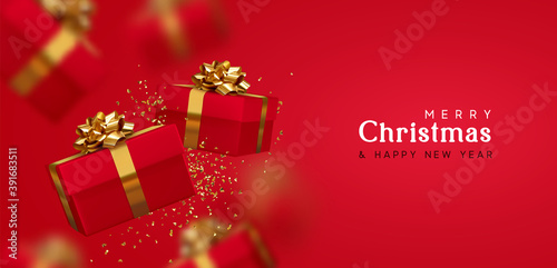 Christmas gift box. Happy New Year and Merry Christmas. Background with realistic 3d red Xmas surprise gifts falling. vector illustration
