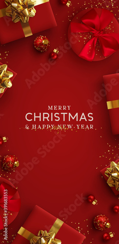 Christmas vertical backgrounds, xmas poster, web banner. Holiday templates cover for social networks, design for and stories. Realistic 3d decorative objects. Happy New year. vector illustration
