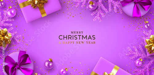 Merry Christmas and Happy New Year. Background Xmas design of realistic gifts box, 3d bauble balls, glitter gold confetti. Christmas poster, greeting cards. Flat lay, top view. Holiday composition
