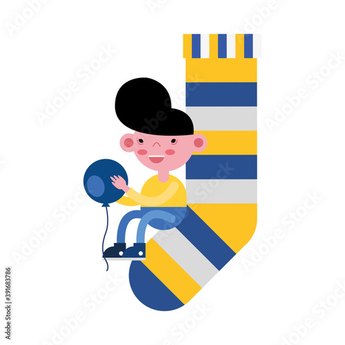 boy with balloons helium in sock with colors stripes down symbol