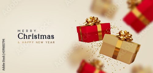Christmas gift box. Happy New Year and Merry Christmas. Background with realistic 3d red and beige Xmas surprise gifts falling. vector illustration