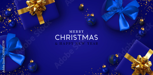 Merry Christmas and Happy New Year. Background Xmas design of realistic gifts box, 3d bauble balls, glitter gold confetti. Christmas poster, greeting cards. Flat lay, top view. Holiday composition