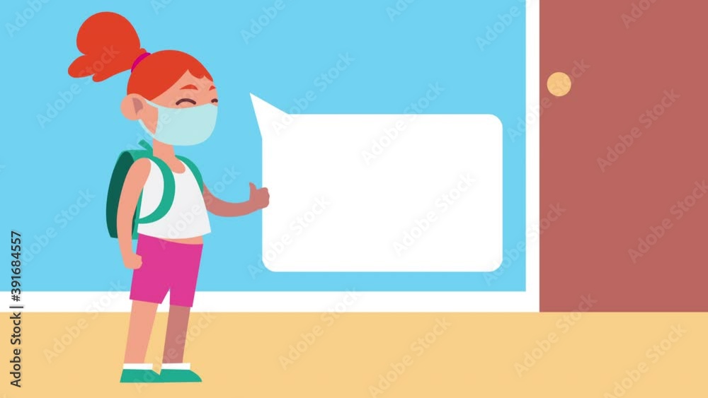 little student girl wearing medical mask with speech bubble little student girl wearing medical mask with speech bubble