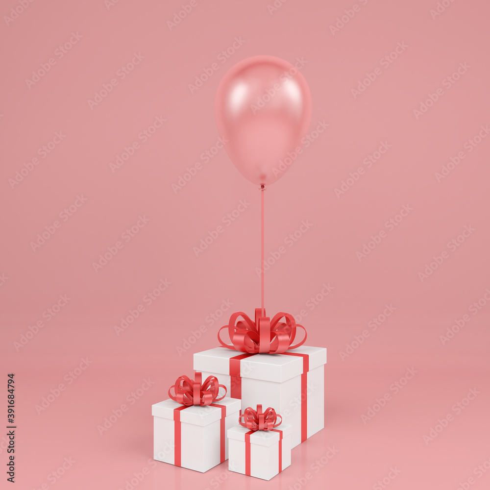 gift box with red ribbon and balloon in pink pastel background 3d render concept