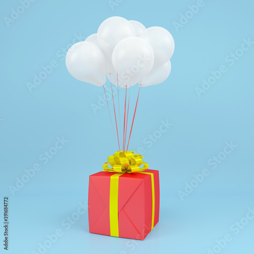 square gift box Fly in air with balloon and red ribbon pastel background 3d concept render