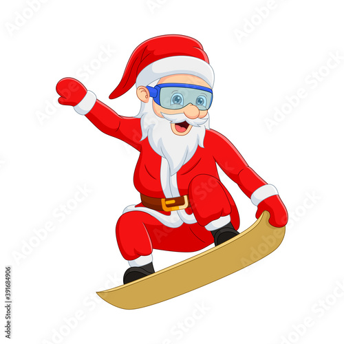 Snowboarding Santa Claus on white background