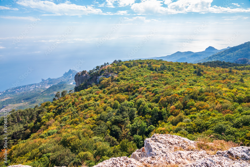 Fototapeta premium Green sea shore with residential buildings in the sunset light.