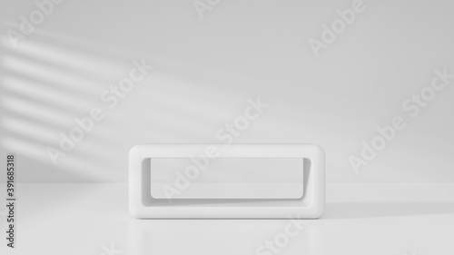 White room whith light falling on the wall from window. Bright gallery with product stand. 3D rendered image.