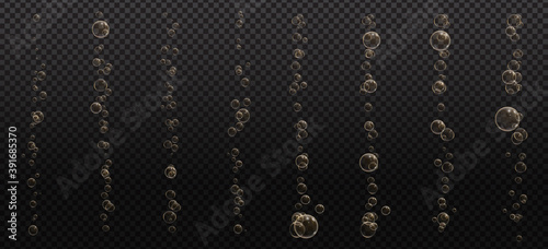 Gold fizzy bubbles. Sparkles champagne. Fizzy pop and effervescent drink. Abstract fresh soda and air bubbles, oxygen, champagne crystal. Vector illustration on black transparent background.