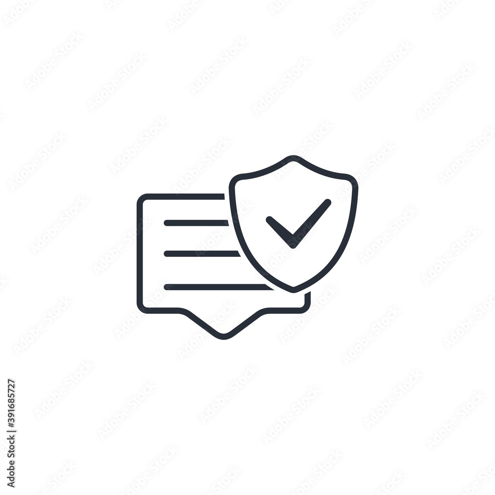Information message and shield with check mark. Protection of confidential correspondence. Vector linear icon isolated on white background. Information message and shield with check mark. Protection of confidential correspondence. Vector linear icon isolated on white background.