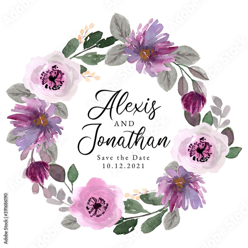 Watercolor Floral Wreath with Purple Daisies and Anemone