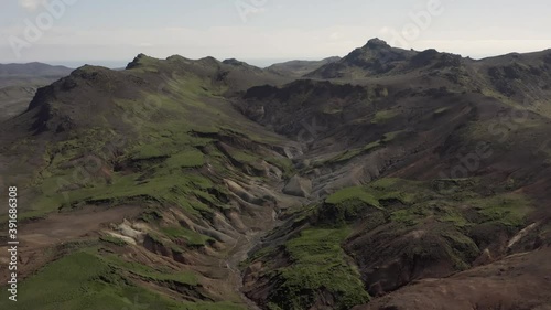 Stunning natural volcanic landscape of Sogin badlands in Iceland, aerial photo