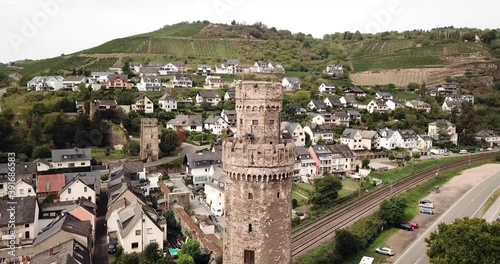 Tower of Oberwesel Germany in Summer, by drone. photo