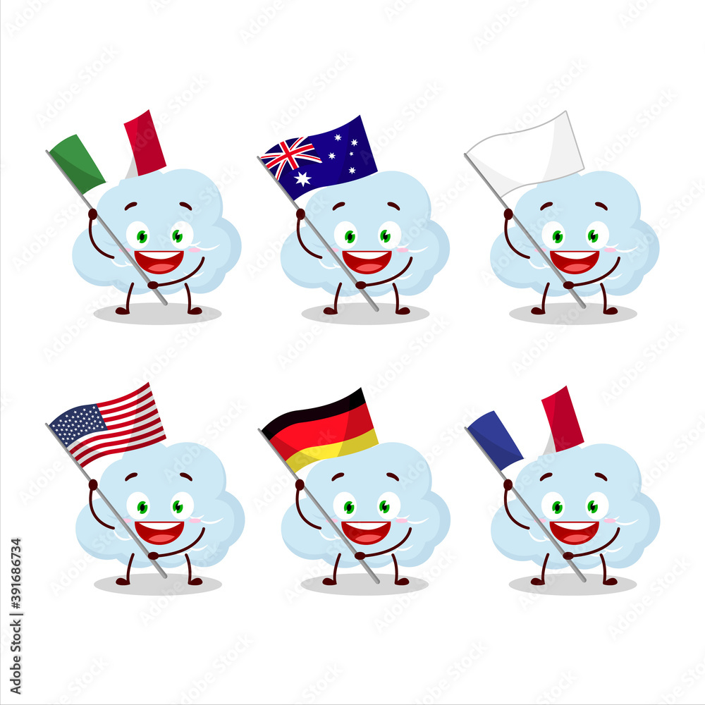 Blue cloud cartoon character bring the flags of various countries Blue cloud cartoon character bring the flags of various countries