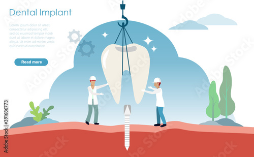 Dental implant and oral healthcare concept. Dentists use construction crane fixing tooth implant to patient gum with artificial root. Vector Illustration.