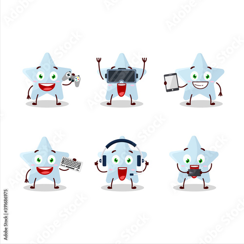 Blue star cartoon character are playing games with various cute emoticons