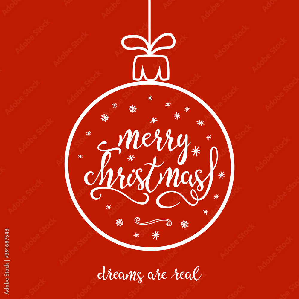 Monochrome christmas card with quote merry christmas and contour snowflakes inside ball isolated on red background.