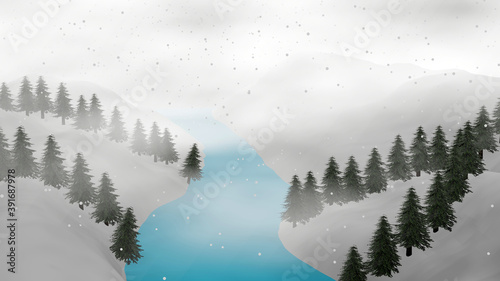 Heavy snow storm in a river and valley (3D Rendering)