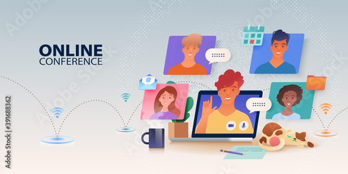 Virtual online meeting via video conference banner. Using laptop computer chatting with colleagues online in cozy home office with cat, coffee and plant. Vector illustration.