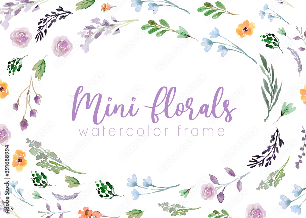 Mini Floral Watercolor Frame with Small Purple Flower and Leaf