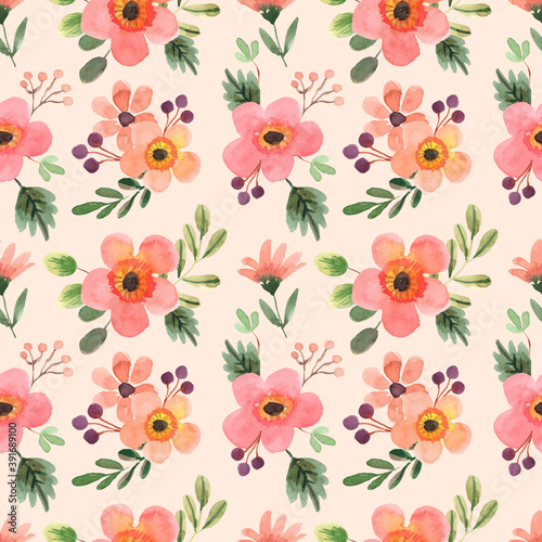 Seamless Watercolor Pattern with Peach Florals and Green Leaves