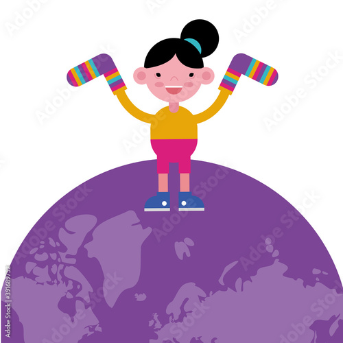 girl with socks pair colors stripes down symbol in earth planet
