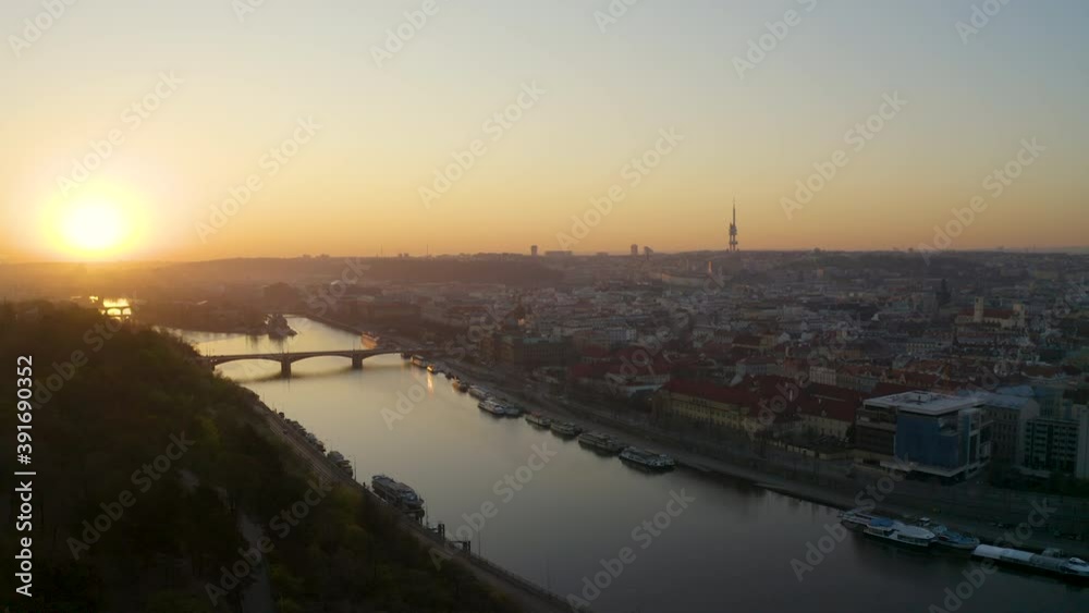 Sunrise over Prague city centre and Vltava river,Czechia,view from Letná park. Sunrise over Prague city centre and Vltava river,Czechia,view from Letná park.