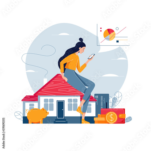 Property investment vector illustration. Woman sitting on the house, analyzes profit from real estate buying or rent. Property investment income, money, financial wealth concept for banner. Flat style