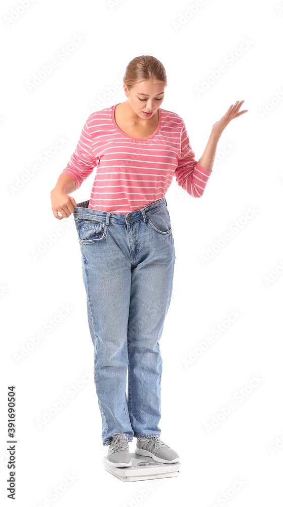 Woman with sudden weight loss problem on white background. Diabetes symptoms Woman with sudden weight loss problem on white background. Diabetes symptoms