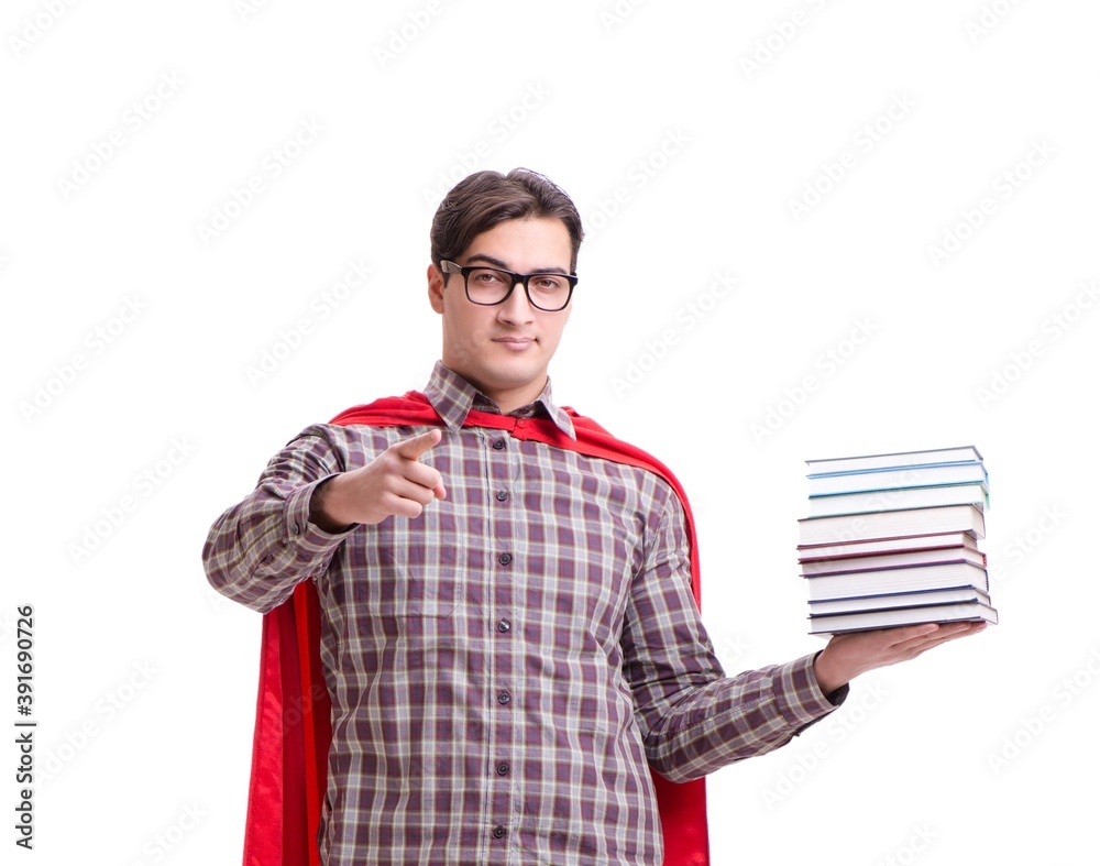 Super hero student with books isolated on white Super hero student with books isolated on white
