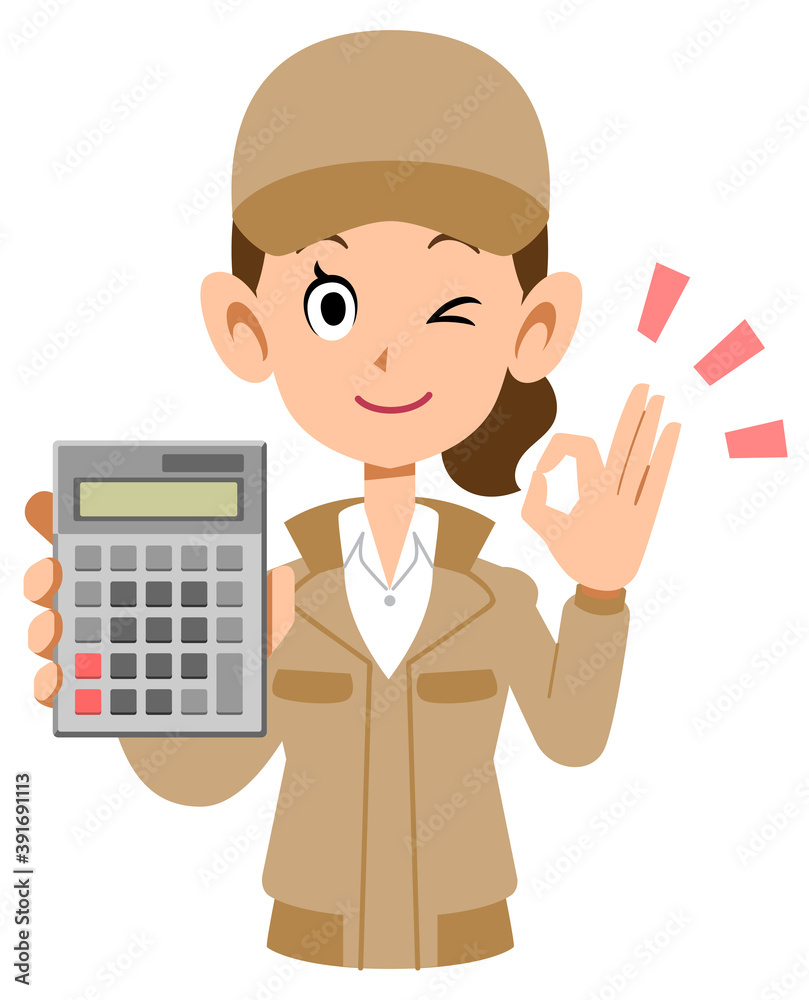 計算機を持ってOKのサインを出す作業スタッフの女性
