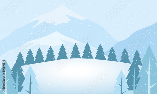 snow scape seasonal scene with pines and mountains