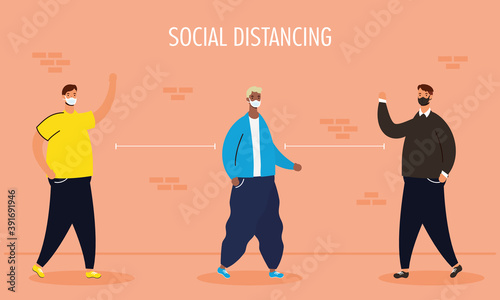 interracial men group practicing social distancing characters