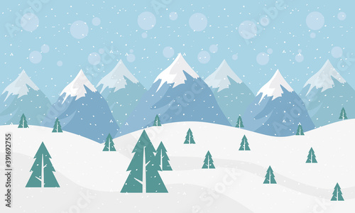 snow scape seasonal scene with pines and peaks