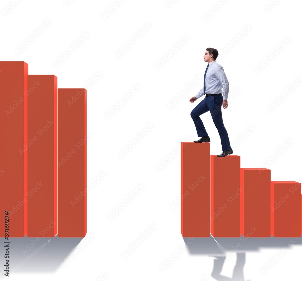Businessman going up the bar chart in growth concept Businessman going up the bar chart in growth concept