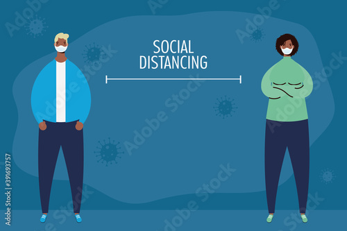 interracial couple practicing social distancing characters