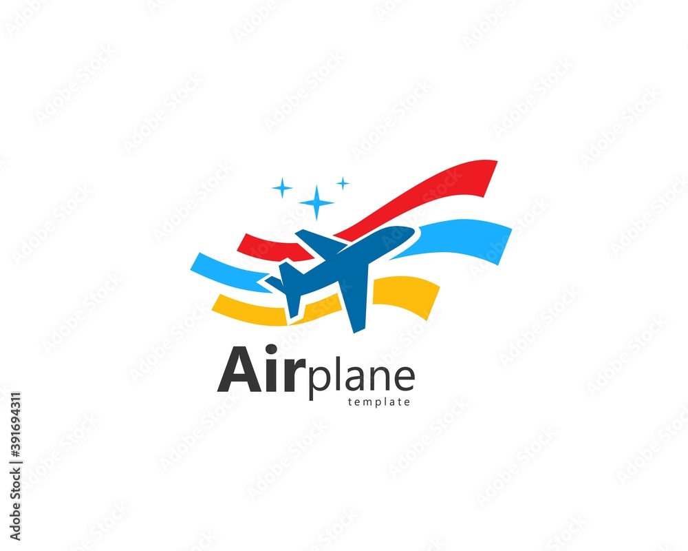 Airplane logo colored stripes flag and takeoff plane Airplane logo colored stripes flag and takeoff plane