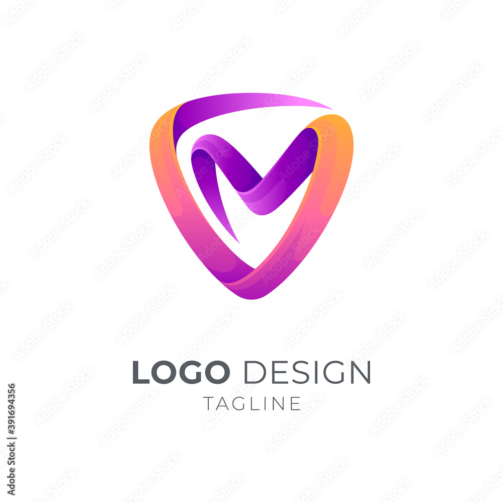 Shield letter VM/MV logo concept, 3d ribbon logo style, gradient glossy colors Shield letter VM/MV logo concept, 3d ribbon logo style, gradient glossy colors